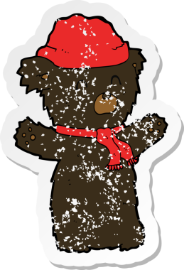 Bir insan tarafından çizilmiş şapkalı ve atkılı şirin siyah ayı arabasının gerilimli retro çıkartması.