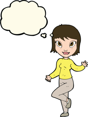 Bir insan tarafından çizilmiş düşünce baloncuğuyla el sallayan güzel bir kadın.