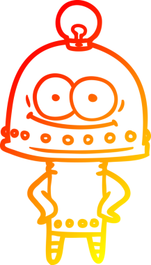 Bir insan tarafından çizilmiş ampullü mutlu bir robot çizimi.