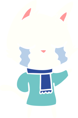 Ağlayan düz renkli çizgi film kedisi bir insan tarafından çizilmiş kışlık giysiler giyiyor.