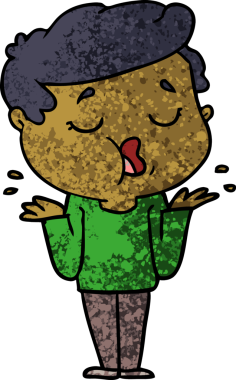 Çizgi filmdeki adam konuşuyor ve bir insan tarafından çizilmiş omuzlarını silkiyor.