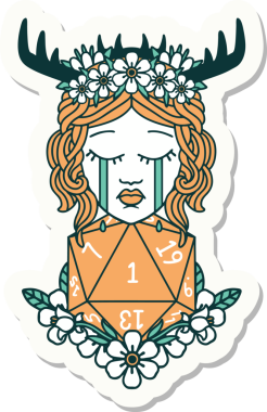 Ağlayan insan bir Druid 'in çıkartması. Bir insan tarafından çizilmiş doğal bir D20 rulosu.