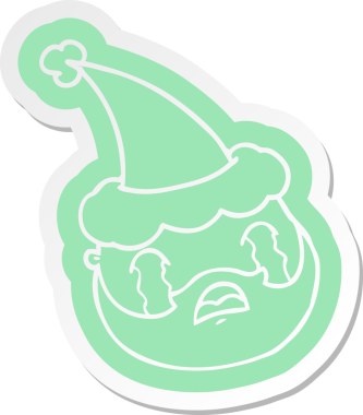 Garip bir karikatür çıkartması. Sakallı, Noel Baba şapkası takan bir erkek. Bir insan çizmiş.