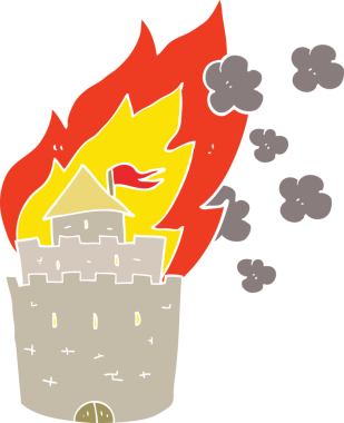 Bir insan tarafından çizilen yanan kalenin düz renk çizimi