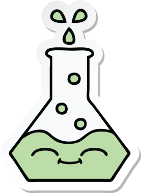 Bir insan tarafından çizilmiş sevimli bir karikatür bilim şişesinin etiketi.