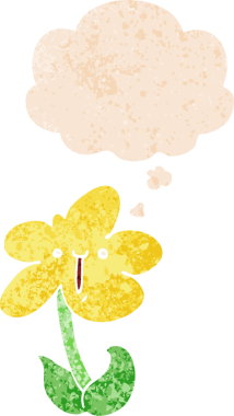 Düşünce baloncuğu ve grunge desenli karikatür çiçeği bir insan tarafından çizilmiş.