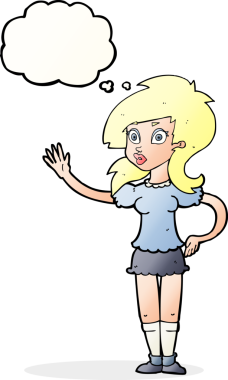 Bir insan tarafından çizilmiş düşünce baloncuğuyla ilgi bekleyen güzel bir kadın.