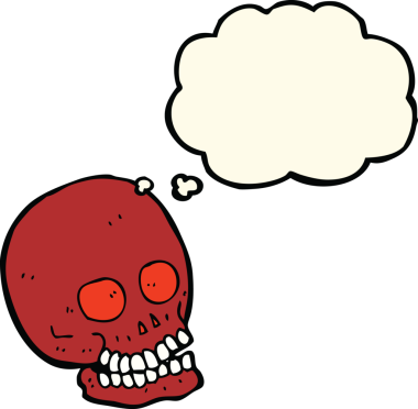 Bir insan tarafından çizilmiş düşünce baloncuklu bir kafatası.