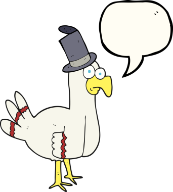 Bir insan tarafından çizilmiş silindir şapkalı serbest konuşma balonu çizgi film kuşu.