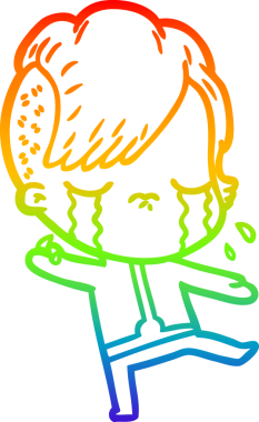 Gökkuşağı gradyan çizgi çizimi bir insan tarafından çizilmiş uzay giysileri giyen ağlayan bir kız çizimi