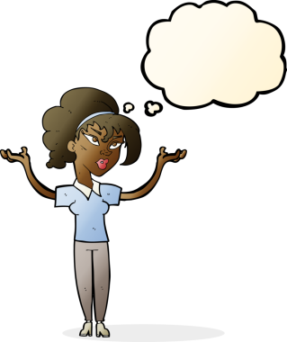 Çizgi filmdeki kadın bir insan tarafından çizilmiş düşünce balonuyla elini kaldırıyor.