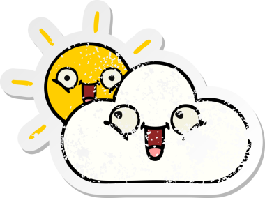 Sevimli bir çizgi film yıldızının sıkıntılı çıkartması ve bir insan tarafından çizilmiş bulut.