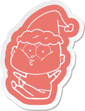 Bir insan tarafından çizilmiş Noel Baba şapkası giymiş kel bir adamın garip bir çizgi film çıkartması.