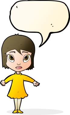 Bir insan tarafından çizilmiş, konuşma balonu olan bir karikatür kızı.