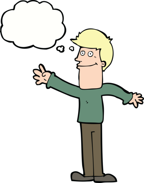 Bir insan tarafından çizilmiş düşünce baloncuğuyla el sallayan mutlu bir adam.