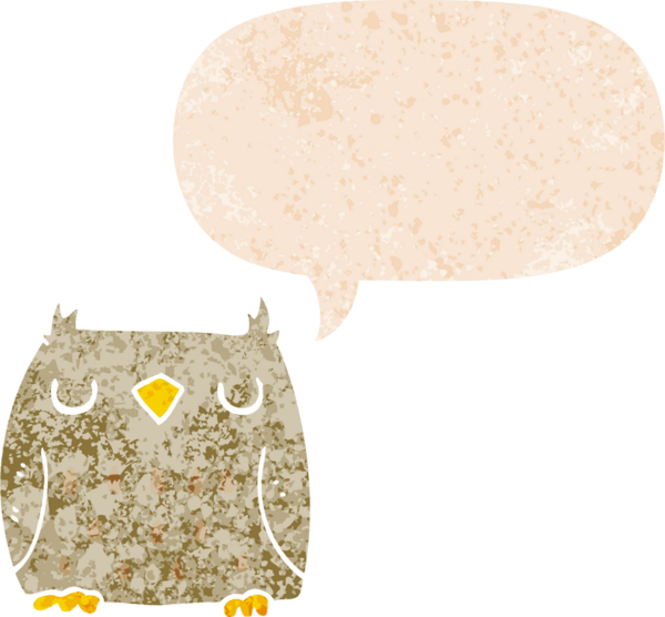 Bir insan tarafından çizilmiş grunge sıkıntılı retro biçimli konuşma baloncuğu ile sevimli çizgi film baykuşu