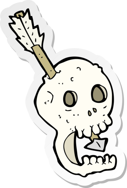 Bir insan tarafından çizilmiş komik bir kafatası ve okun çıkartması.