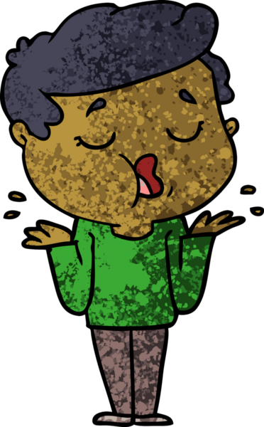 Çizgi filmdeki adam konuşuyor ve bir insan tarafından çizilmiş omuzlarını silkiyor.