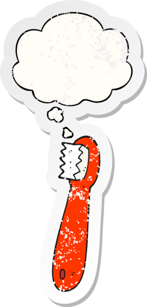 Düşünce baloncuklu karikatür diş fırçası bir insan tarafından çizilmiş yıpranmış bir çıkartma.