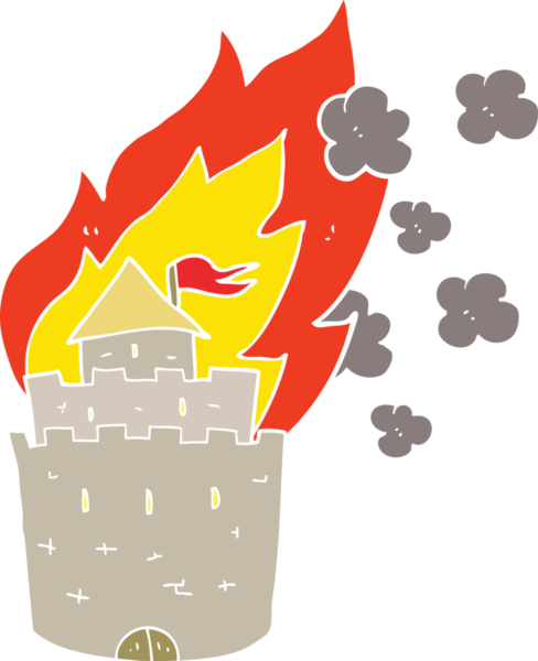 Bir insan tarafından çizilen yanan kalenin düz renk çizimi