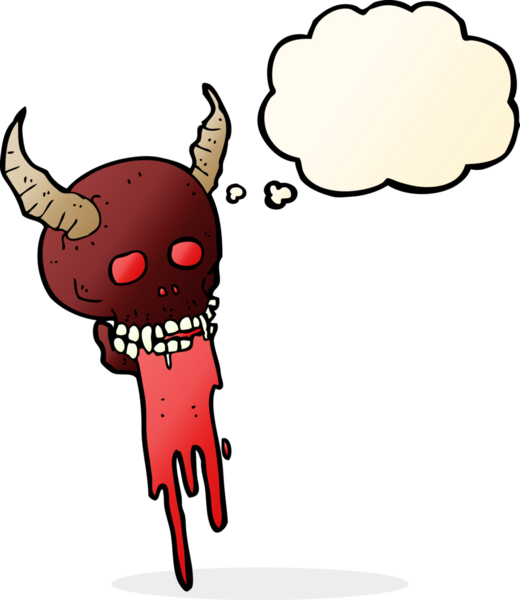 Bir insan tarafından çizilmiş bir düşünce baloncuğu olan ürkütücü cadılar bayramı kafatası çizgi filmi.