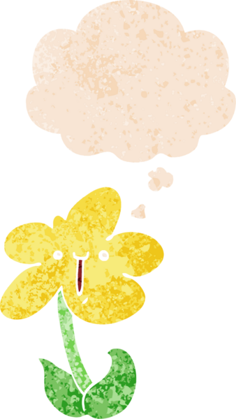 Düşünce baloncuğu ve grunge desenli karikatür çiçeği bir insan tarafından çizilmiş.