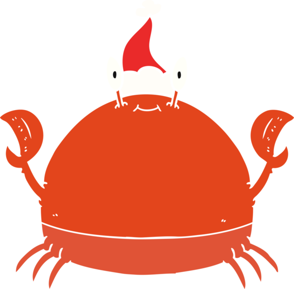 Bir insan tarafından çizilmiş Noel Baba şapkası takan bir yengecin düz renk çizimi