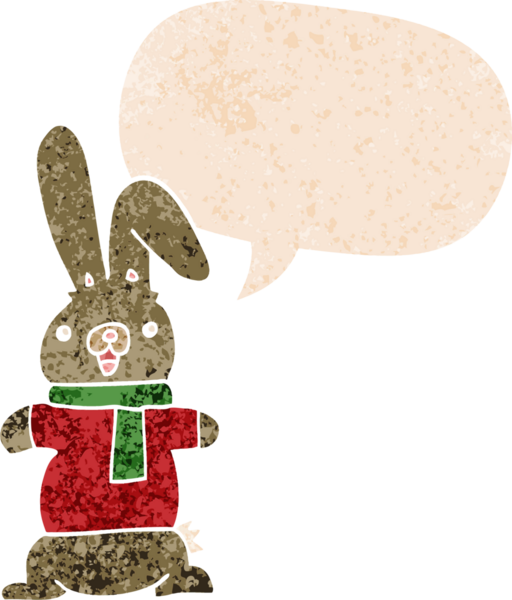 Konuşma baloncuğu olan çizgi film tavşanı bir insan tarafından çizilmiş dertli retro tarzı