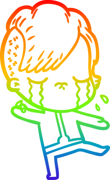 Gökkuşağı gradyan çizgi çizimi bir insan tarafından çizilmiş uzay giysileri giyen ağlayan bir kız çizimi