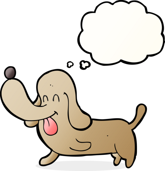 Bir insan tarafından çizilmiş düşünce balonlu mutlu bir köpek.