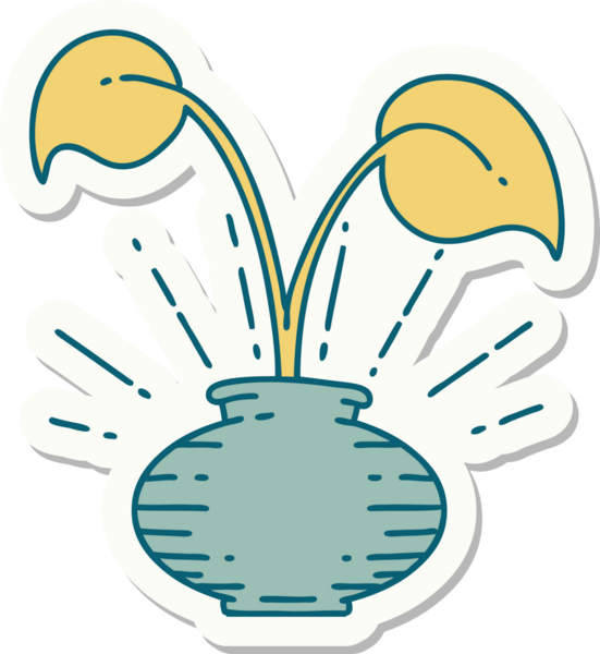 Bir insan tarafından çizilmiş vazoya dövme stili ev bitkisi yapıştırması.