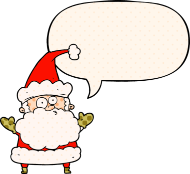 Karikatür, Noel Baba 'nın kafasını karıştırıyor. Bir insan tarafından çizilmiş çizgi roman tarzında konuşma baloncuğuyla omuz silkiyor.