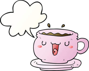 Bir insan tarafından çizilmiş tatlı bir çizgi film fincanı ve konuşma baloncuğu olan bir tabak.