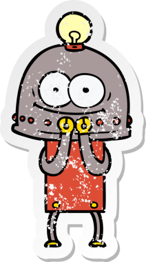 Bir insan tarafından çizilmiş ampullü mutlu bir robot çıkartması.