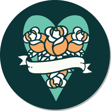 Geleneksel kalp stili dövme çıkartması ve bir insan tarafından çizilmiş çiçekli pankart.