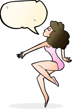 Bir insan tarafından çizilmiş konuşma balonu olan çizgi film dansçısı kadın.