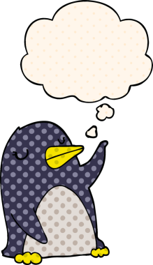 Çizgi roman tarzında bir insan tarafından çizilmiş düşünce baloncuğu olan penguen.
