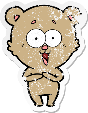 Bir insan tarafından çizilmiş gülen oyuncak ayının sıkıntılı çıkartması.