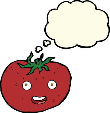 Bir insan tarafından çizilmiş düşünce baloncuklu domates.