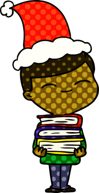 Bir insan tarafından çizilmiş Noel Baba şapkası takan gülümseyen bir çocuğun el çizimi çizgi roman çizimi.