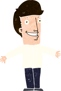 Bir insan tarafından çizilmiş kolları açık sırıtan çizgi film adamı.