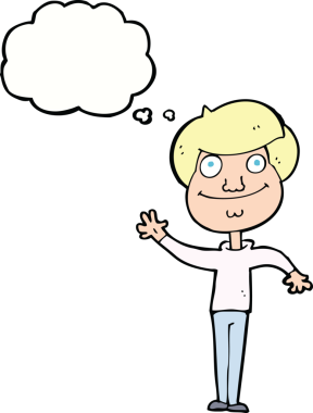 Bir insan tarafından çizilmiş düşünce baloncuğuyla el sallayan mutlu bir adam.