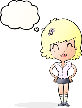 Bir insan tarafından çizilmiş düşünce balonlu mutlu kadın çizgi filmi.