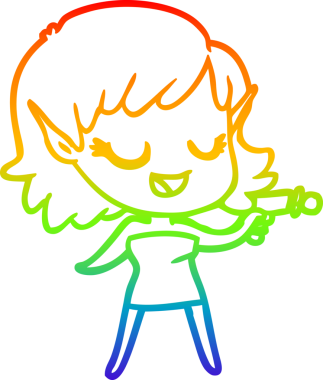 Gökkuşağı gradyan çizgisi mutlu bir çizgi film kızı ve bir insan tarafından çizilmiş ışın tabancası.