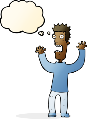Bir insan tarafından çizilmiş düşünce baloncuğuyla dehşete düşmüş bir adam.