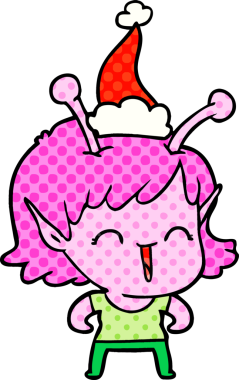 Bir insan tarafından çizilmiş Noel Baba şapkasıyla gülen uzaylı bir kızın el çizimi çizgi roman çizimi.