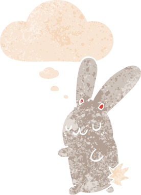 Homurdanan düşünce baloncuğu olan sevimli çizgi film tavşanı bir insan tarafından çizilmiş dertli retro tarzı.