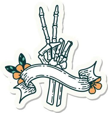 Bir insan tarafından çizilmiş barış işareti veren iskelet dövmesi stili çıkartma.