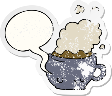 Tatlı çizgi film kahve fincanı. Konuşma baloncuğu. Bir insan tarafından çizilmiş sıkıntılı eski bir çıkartma.