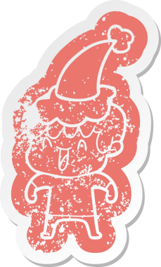 Bir insan tarafından çizilmiş Noel Baba şapkası takan, gülen bir çocuğun garip karikatürü.